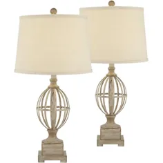 Regency Hill Modern Farmhouse Table Lamps Set of 2 Faux Light Oak Wood Open Orb Cage Oatmeal Tapered Drum for اتاق نشیمن اتاق خواب