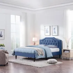 Noble House Garret Queen Fabric Upholstered Navy Blue Frame-65671 - انبار خانه