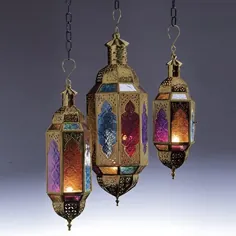 Klass Home Collection معتبر فانوس های مراکشی به سبک آباژور بزرگ کلاسیک Vintage ترکیه داخلی باغ فانوس شیشه ای آویز دارنده چراغ چای آویز شمع برای دکوراسیون (بنفش بزرگ)