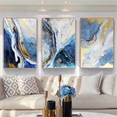 Gerahmt 3 panel Acryl Leinwand abstrakte Malerei Wand Kunst Bild für Wohnzimmer Schlafzimmer Wand Dekor handgemacht Gold Kunst blau Wasser Landschaft