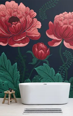 Tapeten-Wandbild „Traditionelle Blumen - Dunkel - Rot und Grün“ - تصویر زمینه نقاشی دیواری