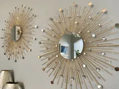 2 ست آینه آفتاب گیر پر زرق و برق (29 اینچ) ، آینه Starburst ، دکور دیوار آینه ، آینه خورشید ، آینه آفتابگیر طلایی ، دکوراسیون منزل