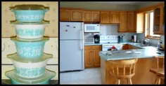 زن برای تغییر شکل دادن آشپزخانه خسته کننده خود از ظروف پیرکس فیروزه ای دهه 1950 استفاده می کند