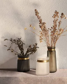 گلدان های شیشه ای CONVIVA برای طراحی دکوراسیون منزل با قطعه قطعه باند طلای برنجی برای دکوراسیون میز اداری آشپزخانه ، گلدان گلدان گل سیلندر ، خاکستری 7.1 "H