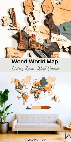 نقشه دیوار جهانی بژ ، قهوه ای ، آبی توسط WoodPecStudio.  نقشه جهانی هدیه سالگرد سفر چوبی