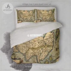 ملافه های نقشه آنتیک آسیا ، ست روتختی نقشه قدیمی Vintage 1570 Asia، مجموعه مبلمان نقشه باستان