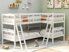 تخت دو طبقه دو نفره برای کودکان ، تخت تختخواب سفری گوشه ای شکل L 4 تخت تختخواب سفری 4 تایی با محافظ های تمام طول و نردبان تخت