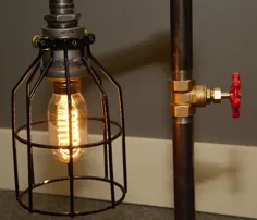 لامپ صنعتی - لامپ ادیسون - لوله سیاه آهنی - پورت USB شارژ تلفن و تبلت - پایه بلوط - قفس لامپ فلزی