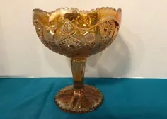 کمپوت Vintage Marigold Hobstar ، ظرف آب نبات پایه شیشه کارناوال شیشه ای ، طلای سلطنتی