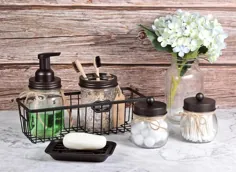 6 قطعه شیشه Mason Jar لوازم حمام پاک کننده شیشه سیاه و سفید برنز سازمان دهنده صابون توزیع کننده پنبه بافت مسواک نگهدارنده مسواک کشور روستایی