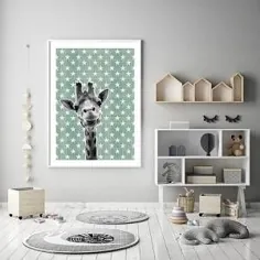 صفحه اصلی East Urban 'Woodland Nursery - Baby Giraffe Star' Frameed Graphic Art Print in Teal / White / Grey / Black
