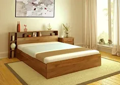 تختخواب مهندسی چوب (MDF) مهندسی شده با عسل و ساج زنده با فضای ذخیره سازی سر و جعبه در اندازه کینگ