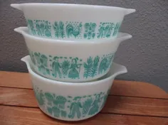 Vintage Pyrex AMISH BUTTERPRINT Turquoise Round Casserole |  اتسی
