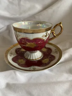 فنجان چای Shafford و دست بشقاب تزئین ژاپن طلای بورگوندی |  اتسی