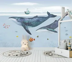 نقاشی دیواری دیوار نهنگ زیر دریا ، تزئین دیوار مهد کودک ، کاغذ دیواری متحرک ، چاپ دیوار اتاق بازی کودکان ، دیوار هنر نهنگ اقیانوس ، دیوارپوش Peel & Stick