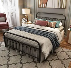 قاب تختخواب فلزی اندازه ملکه با تابلو فرش و تخته پایه فریم تخت پایه فرفورژه (ملکه ، مشکی)