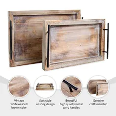 سینی های چوبی مخصوص سرو با دستگیره (مجموعه 2 عدد) پلاستیک چوبی Butler Woodic، Farmhouse |  Breakfa را سرو کنید