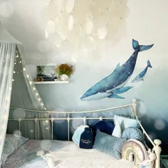 آبرنگ بزرگ زیر گلبرگ دیواری دریا ، بطری آویز ستاره دریایی ، نهنگ و جهان ستاره ای کودک ،