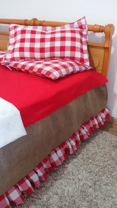 تختخواب سفیدی با خط و خش قرمز Burlap تختخواب دامن با پارچه تکان خورده |  اتسی