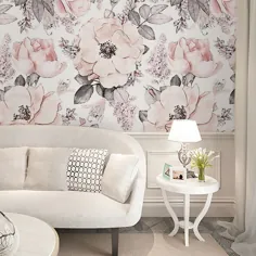 کاغذ دیواری نقاشی دیواری خاکستری و صورتی عاشقانه با طرح گل برای اتاق خواب ، مواد غیربافته - نقاشی دیواری خاکستری صورتی 160 "x 100"