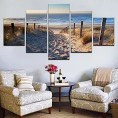 نقاشی های بوم وال آرت HD چارچوب چاپی 5 قطعه تصاویر منظره ساحل تپه های شنی در پوستر دریای شمال پوسترهای اتاق نشیمن - تزیینات دیوار - تزئین زندگی خانه