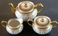 ANTIQUE LIMOGES PORCELAIN ~ J POUYAT ~ FRANCY ~ TEA POT SUGAR & CREAMER POY 32 |  # 1755759326