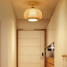 1 سقف قفس بامبو سبک سقف سبک چینی Foyer Semi Flush Mount Light در چوب ، 10/14/16 اینچ عرض