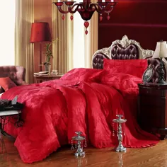 چینی قرمز ویکتوریایی گل گل الگوی الهام گرفته از سبک شرقی عاشقانه توری لبه طرح ژاکارد مجموعه کامل ، اندازه ملکه سرویس خواب
