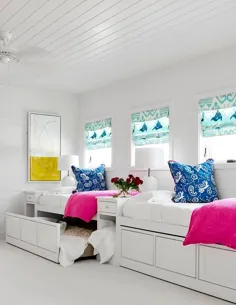 اتاق دختران مشترک صورتی و آبی با تختخواب ساخته شده - انتقالی - اتاق دختران