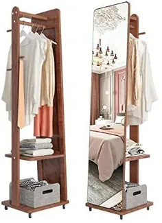 آینه تمام طول متحرک BARMI با چرخ 67 "× 16" ، آینه کف ایستاده چند منظوره با روکش کت چوب کاج و آینه آستین بزرگ قفسه برای اتاق خواب ، اتاق نشیمن ، گردو