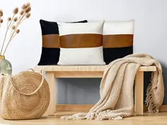 روکش های تزئینی چرم مصنوعی و پنبه ای تزئینی بالش برای کاناپه یا تخت  ست 3. روکش کوسن مشکی ، قهوه ای و سفید.  روکش بالش 18 18 18 اینچ.  بالش های تزئینی مدرن Boho یا Farmhouse.