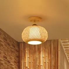 1 سقف قفس بامبو سبک سقف سبک چینی Foyer Semi Flush Mount Light در چوب ، 10/14/16 اینچ عرض