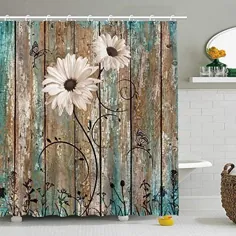 پرده حمام RosieLily Rustic Floral Barnwood Fabric Farmhouse Farmhouse Bath Bath 12 Hooks Old Wooden Garage Door American Country Farm 72 Inch Dower Durtain