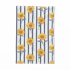 پارچه های رنگارنگ چاپ شده توسط Spoonflower - آفتابگردان های زیبا در پس زمینه الگوی یکپارچه Stripes.