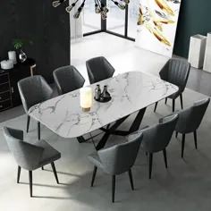 میز ناهار خوری مدرن شیک 79 "مستطیلی سفید مصنوعی با پایه فلزی سیاه بزرگ