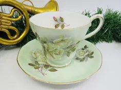 فنجان چای سبز رویال گرافتون و نعلبکی با گل رز سفید ، Vintage Bone China