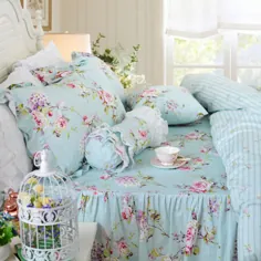 FADFAY Farmhouse Bedding Shabby Blue Floral Vintage Floral Floor Set Cover Cover bedspread bed Elegant Style Country Country with Ruffle 4 PCs Full size