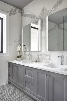 حمام مستر سفید و خاکستری با سقف خاکستری تیره - انتقالی - حمام