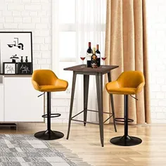چهارگوشه میله ای زرد قابل تنظیم Glitzhome با میز صندلی چوبی میز نوار روستیک صنعتی - میز میخانه مربع و صندلی های غذاخوری فلزی مجموعه ای 3 تایی