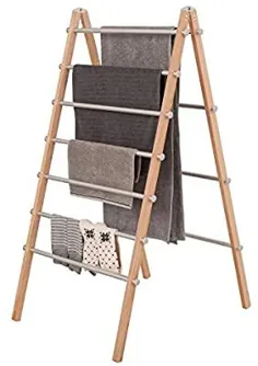 قفسه خشک کن نردبان لباسشویی مدرن تاشو INNOKA [قاب سبک راش چوب] قفسه خشک کن دارای فضای ذخیره سازی تاشو چند طبقه با فضای خشک 5 متر و حداکثر بار 8 کیلوگرم برای لباس و حوله های مرطوب