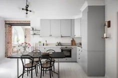 آشپزخانه خاکستری با دیوار آجری آشکار - طراحی COCO LAPINE