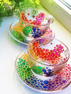 فنجان چای حباب و مجموعه نعلبکی چند رنگ دست رنگ شده |  اتسی