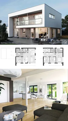 نقشه های خانه مینیمالیستی با 2 طبقه ، سقف تخت ، طبقه باز و 5 اتاق خواب ، ایده های مدرن طراحی اروپایی