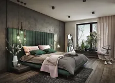 دکوراسیون زیبای اتاق خواب سبز با تختخواب سرتاسری روتختی کانال دار