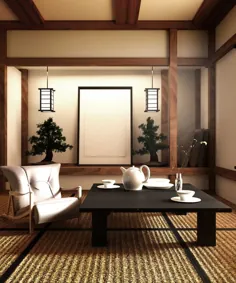 مسخره ، به طور خاص به سبک ژاپنی ، اتاق نشیمن طراحی شده است.  رندر سه بعدی