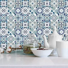 Melwod 78.7 "x 17.7" کاشی آبی کاغذ تماس با کاغذ دیواری گل آبی و کاغذ دیواری چسب دیواری پوشش چسب دیواری پوشش متحرک رول الگوی Mediterranian ضد آب
